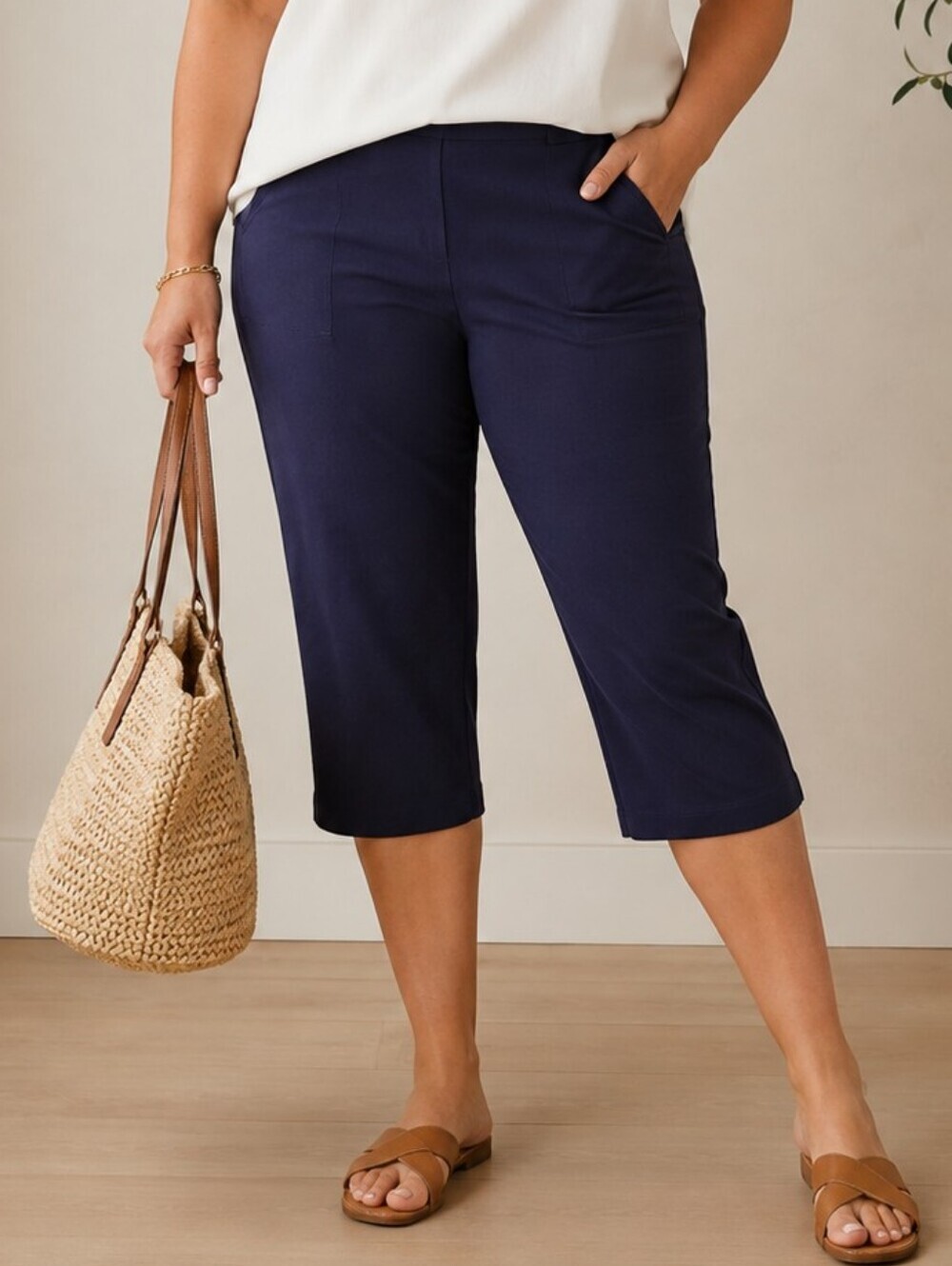 Badgley Mischka | Navy Stretch Capri Pants, Size L